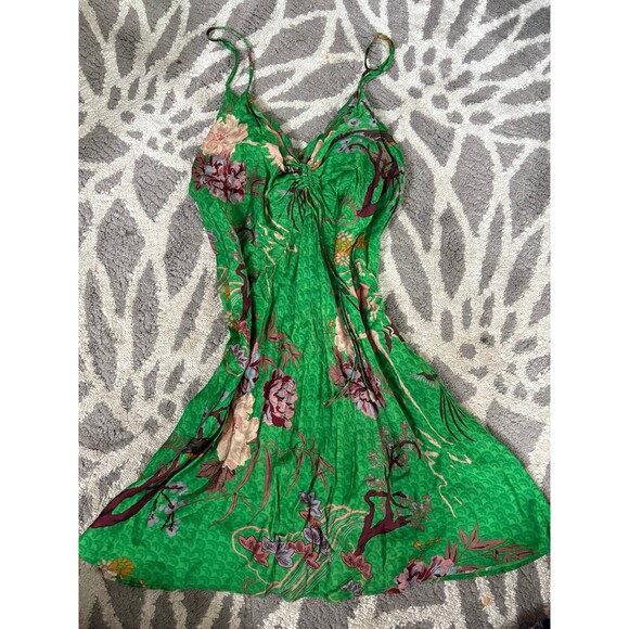 Zara Bright Green Floral Satin Slip Dress with Ruching - Picture 2 of 4